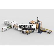 Dây chuyền dán thùng, đóng đai kết hợp quấn màng, xếp pallet tự đông hoàn toàn.