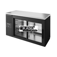 Bàn lạnh một vùng Pass-Thru có hệ thống làm lạnh bên trái. Bên ngoài màu đen và cửa trượt bằng kính TRUE TBR60-PTSZ1-L-B-11-11-1