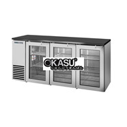Bàn lạnh một vùng có cửa xoay bằng kính sâu 24 inch với mặt trên màu đen và bên ngoài bằng thép không gỉ TRUE TBB24-72-3G-Z1-BST-S-1