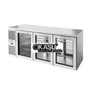 Bàn lạnh một vùng Pass-Thru với hệ thống làm lạnh bên trái. Bên ngoài bằng thép không gỉ và cửa xoay bằng kính TRUE TBR84-PTSZ1-L-S-GGG-GGG-1