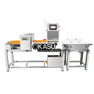 Máy cân kiểm tra tự động và máy dò kim loại băng tải với hệ thống loại bỏ sản phẩm lỗi.